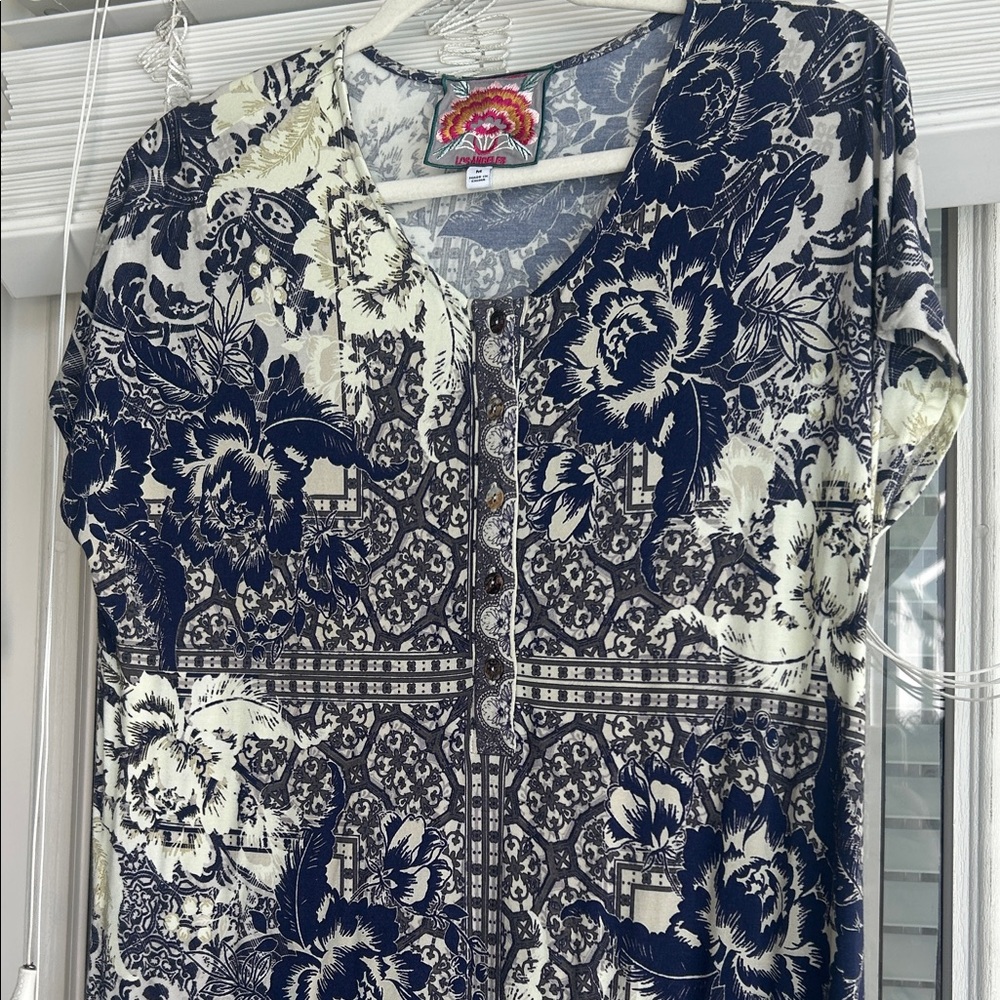 Johnny Was Navy and Cream Floral Midi Dress